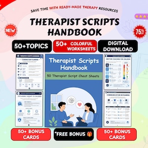 Peut inclure: Un manuel de scripts pour thérapeutes en téléchargement numérique comprenant plus de 50 sujets, plus de 50 fiches de travail colorées et plus de 50 cartes bonus. La couverture illustre deux personnes en conversation avec des fiches.