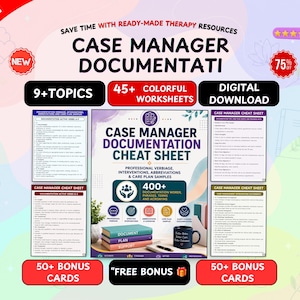 May include: A digital download set of case manager documentation resources featuring 9 topics, 45 colorful worksheets, and 50 bonus cards. The main cheat sheet includes professional verbiage, interventions, abbreviations, and care plan samples.