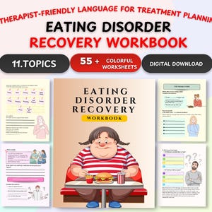 Może przedstawiać: Ilustrowany zeszyt ćwiczeń zatytułowany "Eating Disorder Recovery Workbook" z tekstem "Therapist-Friendly Language for Treatment Planning". Okładka przedstawia postać z kreskówki jedzącą burgera. Zawiera 11 tematów i ponad 55 kolorowych arkuszy.