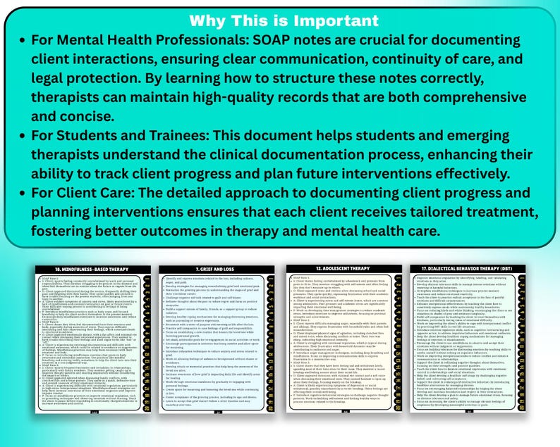 May include: A teal graphic with the title "Why This is Important" and bullet points explaining the significance of SOAP notes for mental health professionals, students, and client care. Four smaller documents are displayed below.