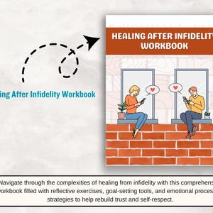 May include: A workbook titled Healing After Infidelity Workbook featuring a cover illustration of two people sitting on a brick wall ledge, each looking at a smartphone with a heart speech bubble above them, set against a background of windows.