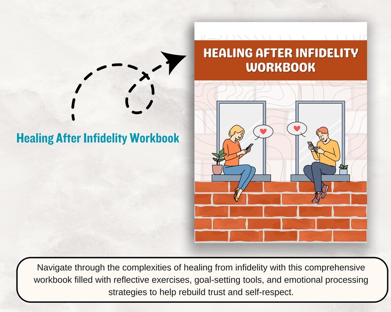 May include: A workbook titled Healing After Infidelity Workbook featuring a cover illustration of two people sitting on a brick wall ledge, each looking at a smartphone with a heart speech bubble above them, set against a background of windows.