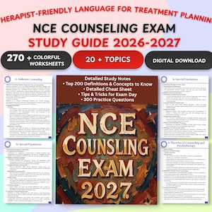 Puede incluir: Una guía de estudio para el Examen de Consejería NCE 2026-2027. La portada presenta el texto "NCE COUNSELING EXAM 2027" en oro. La guía incluye más de 270 hojas de trabajo coloridas, más de 20 temas y una descarga digital.