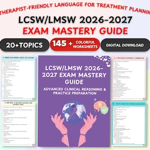 May include: A digital download exam guide for LCSW/LMSW 2026-2027. The purple cover features the title, "EXAM MASTERY GUIDE," and includes the text "20+ TOPICS" and "145+ COLORFUL WORKSHEETS." The guide is designed for advanced clinical reasoning and practice preparation.