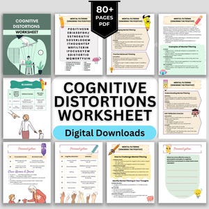 Cognitive distortions worksheets, challenge unhelpful thinking styles, therapy worksheets, psychology, coping skills, bpd, DBT, CBT, anxiety