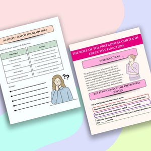 May include: Two educational worksheets on a light blue surface. One worksheet is titled "ACTIVITY - MATCH THE BRAIN AREA" and the other is titled "THE ROLE OF THE PREFRONTAL CORTEX IN EXECUTIVE FUNCTION". Both worksheets have illustrations of a person.