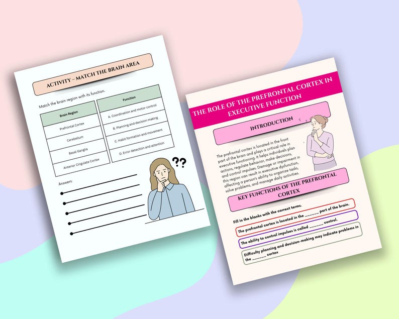 May include: Two educational worksheets on a light blue surface. One worksheet is titled "ACTIVITY - MATCH THE BRAIN AREA" and the other is titled "THE ROLE OF THE PREFRONTAL CORTEX IN EXECUTIVE FUNCTION". Both worksheets have illustrations of a person.
