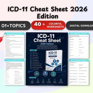 Könnte beinhalten: Das ICD-11 Cheat Sheet 2026 Edition ist ein digitales Bildungsreferenzhandbuch mit 40 farbigen Arbeitsblättern und 01+ Themen. Das dunkelblaue Cover zeigt den Titel, eine Grafik eines spiralgebundenen Notizbuchs und Symbole für Medizinstudenten.