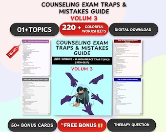 May include: A digital download guide titled "Counseling Exam Traps & Mistakes Guide Volume 3." The cover features a person in a cage with hands reaching in. Includes 220+ colorful worksheets, 01+ topics, and 50+ bonus cards.