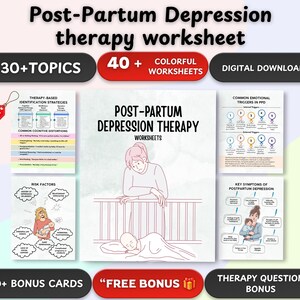 May include: A digital download worksheet set for post-partum depression therapy. The image features the title "Post-Partum Depression therapy worksheet" with the text "30+ Topics" and "40+ Colorful Worksheets". Additional text includes "Digital Download" and "Free Bonus".