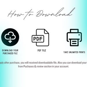May include: A teal and white graphic with the words "How to Download" in cursive. The image shows a cloud icon, a PDF file icon, and a printer icon, with text below each. The text reads "Download Your Purchased File", "PDF File", and "Take Unlimited Prints".