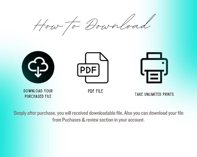 May include: A teal and white graphic with the words "How to Download" in cursive. The image shows a cloud icon, a PDF file icon, and a printer icon, with text below each. The text reads "Download Your Purchased File", "PDF File", and "Take Unlimited Prints".