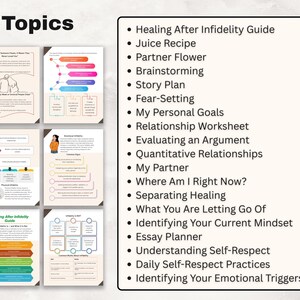 May include: A digital document titled Topics featuring a list of twenty items including Healing After Infidelity Guide, Juice Recipe, and Partner Flower. To the left, six thumbnail pages display charts, text, and illustrations related to relationship recovery.