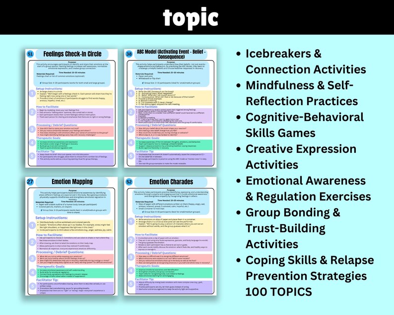K&ouml;nnte beinhalten: Hellblaue Grafik mit dem Wort &bdquo;topic&ldquo; oben. Das Bild zeigt vier Karten mit Text und Aufz&auml;hlungszeichen, die Aktivit&auml;ten wie Eisbrecher, Achtsamkeit und kognitiv-verhaltensbezogene Geschicklichkeitsspiele auflisten. Der Text erw&auml;hnt auch 100 Themen.