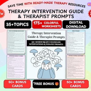 May include: A digital therapy intervention guide and therapist prompts set featuring 175 colourful worksheets, 35 plus topics, and 50 bonus cards. The central graphic shows a person with hands on their head surrounded by scribbles and clouds.