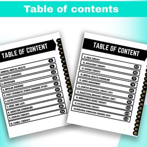 May include: Two open books displaying a "Table of Contents" in bold black text. The pages list mental health topics such as "Anxiety Disorders" and "Depression". The pages have numbered tabs along the side.