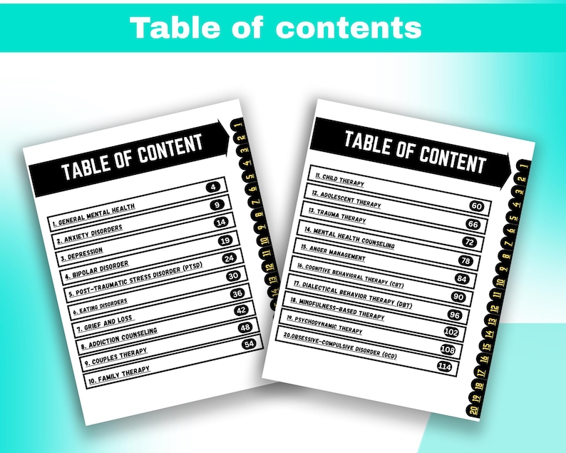 May include: Two open books displaying a "Table of Contents" in bold black text. The pages list mental health topics such as "Anxiety Disorders" and "Depression". The pages have numbered tabs along the side.