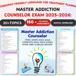 May include: A digital download advertisement for the Master Addiction Counselor Exam 2025-2026. The image features the text "Master Addiction Counselor" and "20+ Topics" and "150+ Colorful Worksheets". The image also includes a lightbulb graphic.