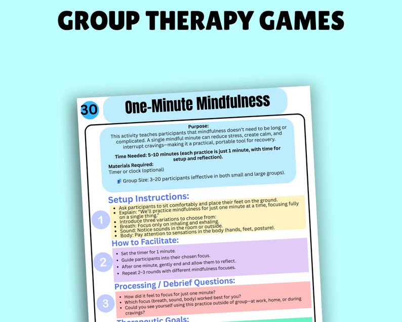 K&ouml;nnte beinhalten: Ein wei&szlig;-blaues Dokument mit dem Titel &bdquo;One-Minute Mindfulness&ldquo; mit Anweisungen f&uuml;r ein Gruppentherapiespiel. Das Dokument enth&auml;lt Einrichtungsanweisungen, Verarbeitungsfragen und therapeutische Ziele. Der Text &bdquo;GROUP THERAPY GAMES&ldquo; steht oben.