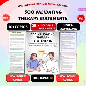 Op de afbeelding: Een digitale downloadset getiteld 500 Validating Therapy Statements, met 10+ onderwerpen, 25 kleurrijke werkbladen en 50+ bonuskaarten. De centrale afbeelding toont twee mensen in gesprek met tekstballonnen en diverse iconen.