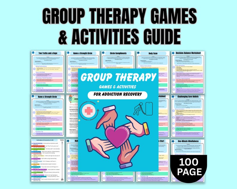 K&ouml;nnte beinhalten: Ein t&uuml;rkisfarbener Leitfaden mit dem Titel "GROUP THERAPY GAMES & ACTIVITIES GUIDE" mit einem zentralen Bild von H&auml;nden, die ein Herz bilden. Der Leitfaden ist f&uuml;r die Genesung von Suchterkrankungen und umfasst 100 Seiten mit Spielen und Aktivit&auml;ten.