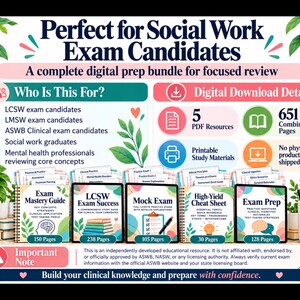 May include: A digital social work exam prep bundle featuring five guides: Exam Mastery Guide, LCSW Exam Success, Mock Exam, High-Yield Cheat Sheet, and Exam Prep. The graphic includes text details on PDF resources, page counts, and exam candidate information.