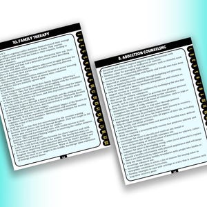 May include: Two black and white cards on a teal background. One card is labelled "10. FAMILY THERAPY" and the other "8. ADDICTION COUNSELING". Each card contains a numbered list of bullet points.