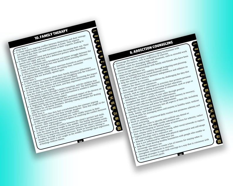 May include: Two black and white cards on a teal background. One card is labelled "10. FAMILY THERAPY" and the other "8. ADDICTION COUNSELING". Each card contains a numbered list of bullet points.