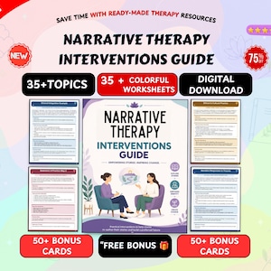 May include: A digital Narrative Therapy Interventions Guide featuring 35+ topics and colorful worksheets. The cover displays two people in chairs with the text Narrative Therapy Interventions Guide. Includes 50+ bonus cards and digital download options.
