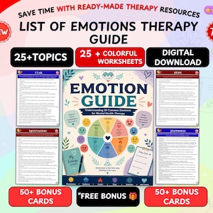 Può includere: Una guida terapeutica digitale intitolata List of Emotions Therapy Guide con 25 argomenti e schede colorate. Il grafico centrale mostra una ruota delle emozioni con varie espressioni facciali, insieme a schede di terapia testuali.