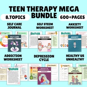 Teen therapy mega worksheet bundle, therapy workbook, therapist journal anxiety, psychology kids mental health, teenagers coping skills, GAD