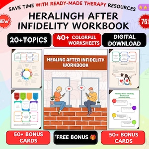 May include: A digital Healing After Infidelity Workbook featuring 20 plus topics, 40 plus colorful worksheets, and 50 plus bonus cards. The cover displays an illustration of two people sitting on a brick wall looking at phones with heart icons.
