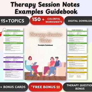 May include: A digital download titled "Therapy Session Notes Examples Guidebook" with the text "15+ Topics" and "150+ Colorful Worksheets." The image includes examples of worksheets, bonus cards, and a free gift tag. A graphic shows a therapist with two clients.