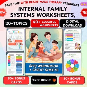 May include: Internal Family Systems worksheets digital download featuring 20 plus topics, 40 plus colorful worksheets, and 50 plus bonus cards. Includes an illustrated workbook and cheat sheets showing a family sitting on a couch with text overlays.