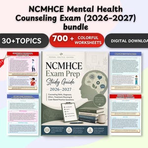 May include: A digital NCMHCE Mental Health Counseling Exam 2026-2027 bundle featuring a study guide, 30+ topics, and 700+ colorful worksheets. The cover displays a silhouette of a head, a clipboard, stacked books, and a mug. Includes four sample pages.