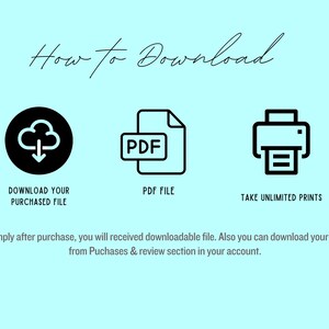 K&ouml;nnte beinhalten: Hellblaues Grafikdesign mit dem Schriftzug "How to Download" in Schreibschrift. Das Bild zeigt ein Wolkensymbol, ein PDF-Dateisymbol und ein Druckersymbol mit dem Text "Download Your Purchased File", "PDF File" und "Take Unlimited Prints".