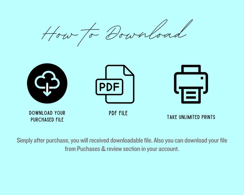 K&ouml;nnte beinhalten: Hellblaues Grafikdesign mit dem Schriftzug "How to Download" in Schreibschrift. Das Bild zeigt ein Wolkensymbol, ein PDF-Dateisymbol und ein Druckersymbol mit dem Text "Download Your Purchased File", "PDF File" und "Take Unlimited Prints".