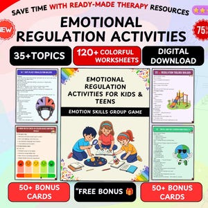 May include: A digital download set of emotional regulation activities for kids and teens, featuring 120 colorful worksheets, 35 topics, and 50 bonus cards. The cover displays three children playing with a solar system model and a rocket ship toy.