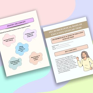 May include: Two educational worksheets on a light green background. One titled "Identify the Concept" with a pink header and bullet points. The other titled "Neurobiological Basis of Executive Dysfunction" with a tan header and an illustration of a woman.