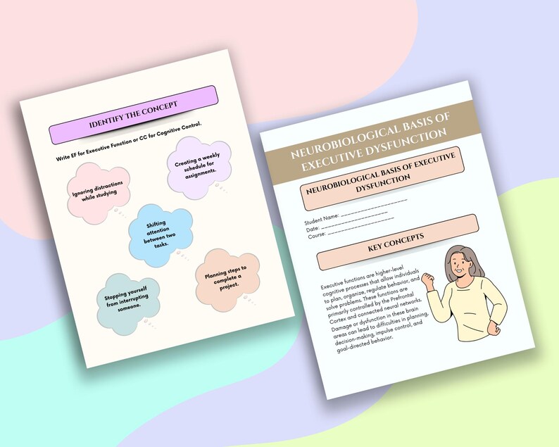 May include: Two educational worksheets on a light green background. One titled "Identify the Concept" with a pink header and bullet points. The other titled "Neurobiological Basis of Executive Dysfunction" with a tan header and an illustration of a woman.