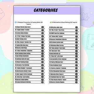 May include: A white document titled CATEGORIES featuring two columns of numbered recovery topics. The left column lists items 81 through 100 under Relapse Prevention & Coping Skills, while the right column lists items 101 through 120 under Motivation & Goal Setting.