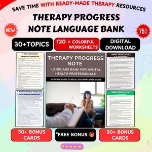 Op de afbeelding: Een digitale taalbank voor therapievoortgangsnotities voor professionals in de geestelijke gezondheidszorg met 30 plus onderwerpen, 120 plus kleurrijke werkbladen en 50 plus bonuskaarten. Inclusief een evidence-based klinische gids.