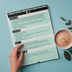 May include: A printed document titled Stress Spiral Identification Challenge with sections for Objective, Materials, Setup, and Instructions. The page features light green text boxes on a white background with black headers and small icons.
