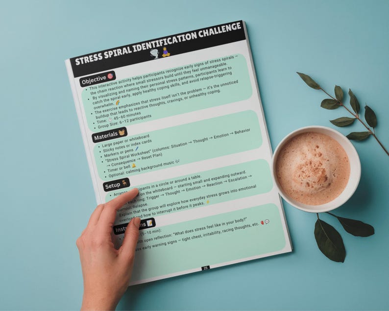 May include: A printed document titled Stress Spiral Identification Challenge with sections for Objective, Materials, Setup, and Instructions. The page features light green text boxes on a white background with black headers and small icons.