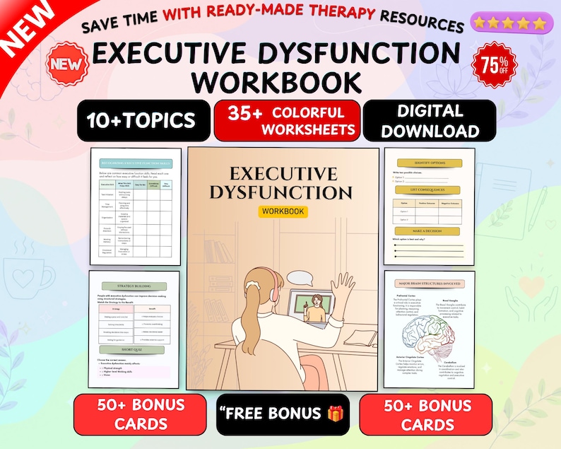 K&ouml;nnte beinhalten: Ein digitales Arbeitsbuch zur exekutiven Dysfunktion mit &uuml;ber 10 Themen, 35 farbigen Arbeitsbl&auml;ttern und 50 Bonus-Karten. Das Cover zeigt eine Illustration einer Person am Schreibtisch mit Laptop sowie Beispiele f&uuml;r die enthaltenen Arbeitsbl&auml;tter.