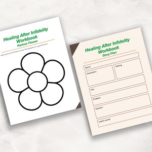 May include: Two pages from a Healing After Infidelity Workbook. One page features a Partner Flower graphic with the text Add words to the Petal to show the qualities of a good Partner. The other page is a Story Plan with fields for Genre, Characters, Setting, Plot, Problem, Solution, and Useful words.