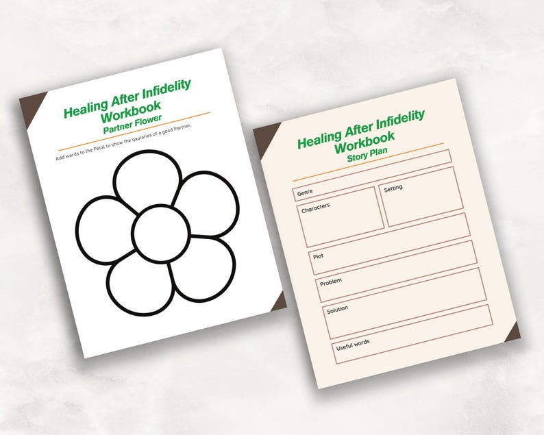 May include: Two pages from a Healing After Infidelity Workbook. One page features a Partner Flower graphic with the text Add words to the Petal to show the qualities of a good Partner. The other page is a Story Plan with fields for Genre, Characters, Setting, Plot, Problem, Solution, and Useful words.