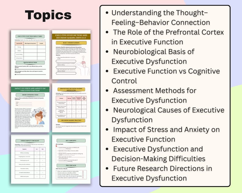 May include: A digital document with the title "Topics" and a list of topics related to executive function, including the prefrontal cortex, cognitive control, and decision-making difficulties. The document also includes several worksheets and checklists.