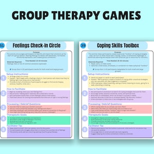 K&ouml;nnte beinhalten: Zwei farbenfrohe Lehrplakate mit den Titeln "Feelings Check-In Circle" und "Coping Skills Toolbox". Die Poster bieten Anweisungen f&uuml;r Gruppentherapie-Spiele. Der Text enth&auml;lt Einrichtungsanweisungen, Tipps und therapeutische Ziele.