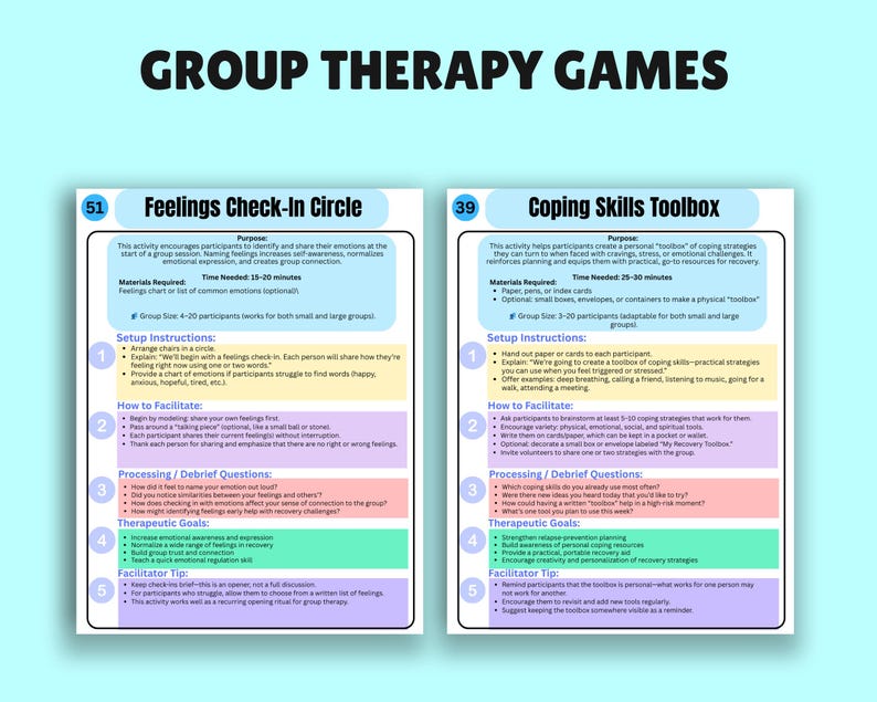 K&ouml;nnte beinhalten: Zwei farbenfrohe Lehrplakate mit den Titeln "Feelings Check-In Circle" und "Coping Skills Toolbox". Die Poster bieten Anweisungen f&uuml;r Gruppentherapie-Spiele. Der Text enth&auml;lt Einrichtungsanweisungen, Tipps und therapeutische Ziele.